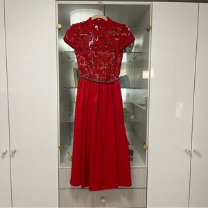 Self-Portrait Lace & Taffeta Midi Dress in Red - Size 2